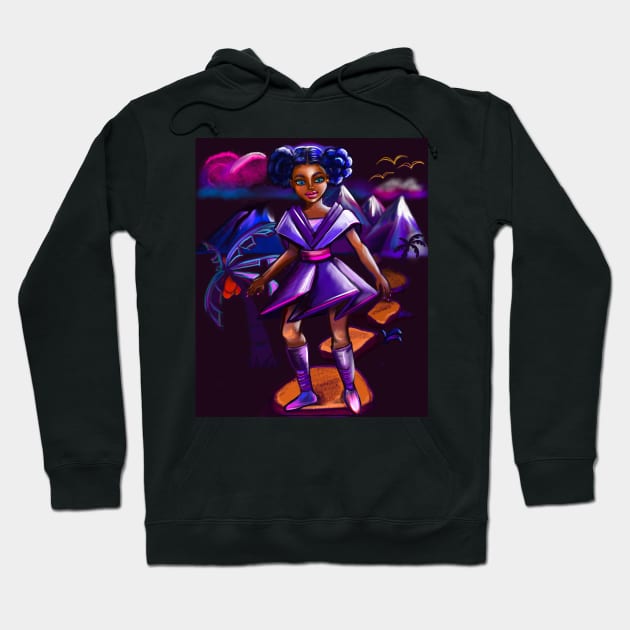 Anime girl with two puffs and lighting. Black afro anime girl in purple space fantasy scene ! beautiful  black girl with Braided hair, blue eyes, Cherry pink lips and dark brown skin. Hair love ! Hoodie by Artonmytee